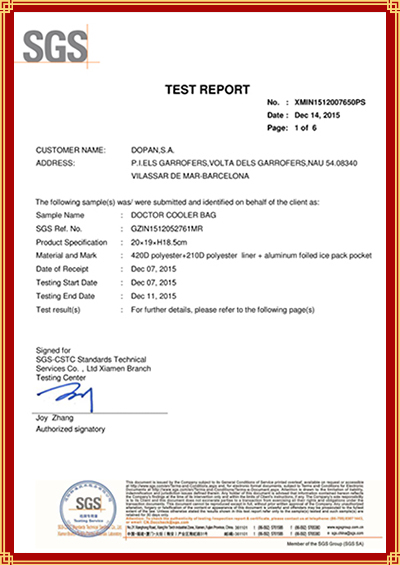 certificado sgs para saco térmico médico macio